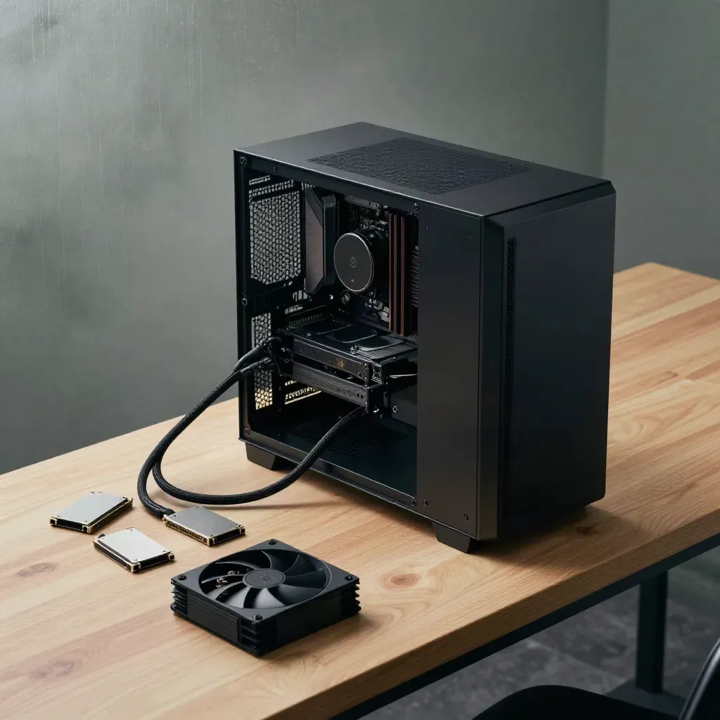 Open gaming PC tower on a wood bench with SSDs, cables, fans, and rain haze.