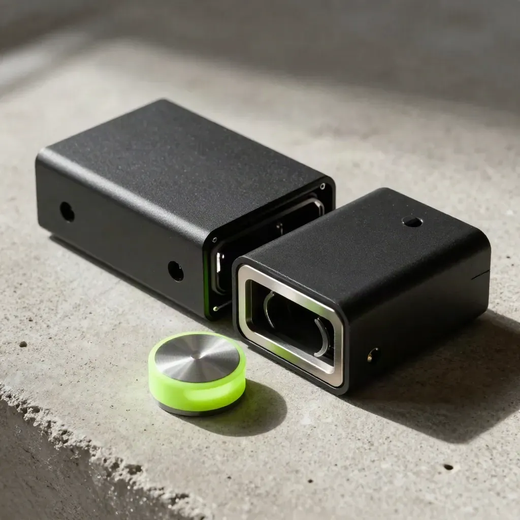 Drive bays, adapter, and glowing verification puck on pale concrete under dramatic light