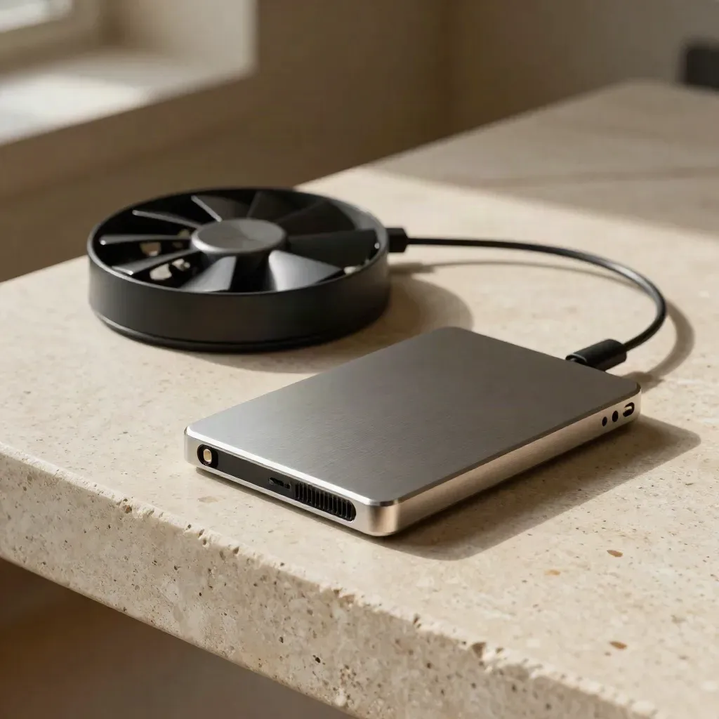 SSD, spare fan, and cable loop on pale travertine in warm window light.