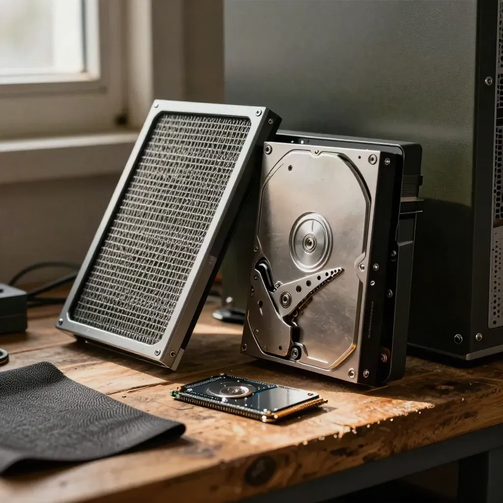 Old HDD, SSD, and mesh filter staged on rough wood in warm winter light.