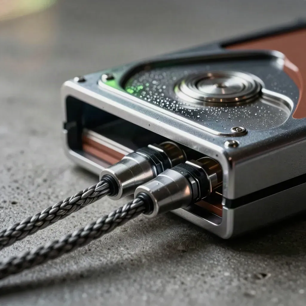 Chrome drive enclosure with braided cables and a vent panel on concrete, lit with cool vapor and green glow.