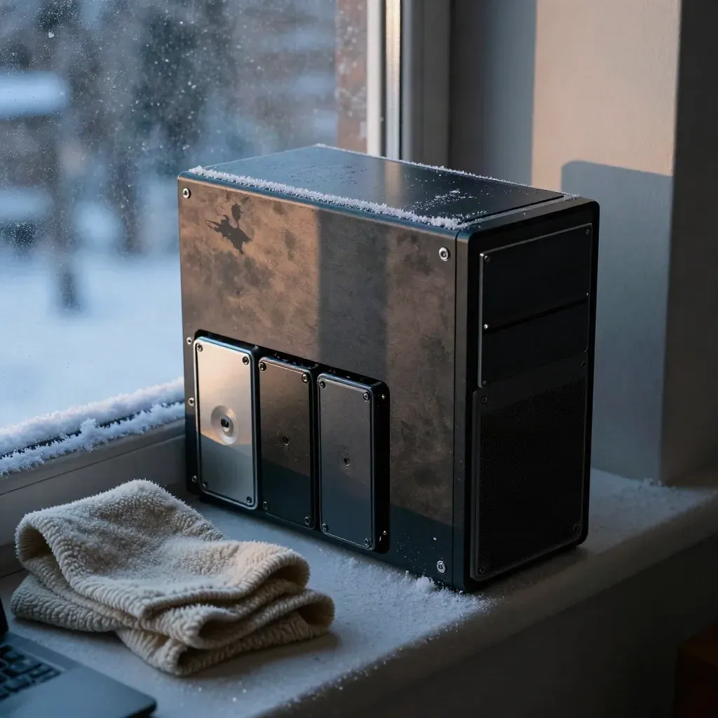 Rugged PC tower, three drives, and wool cloth on a snowy window ledge at blue dawn.