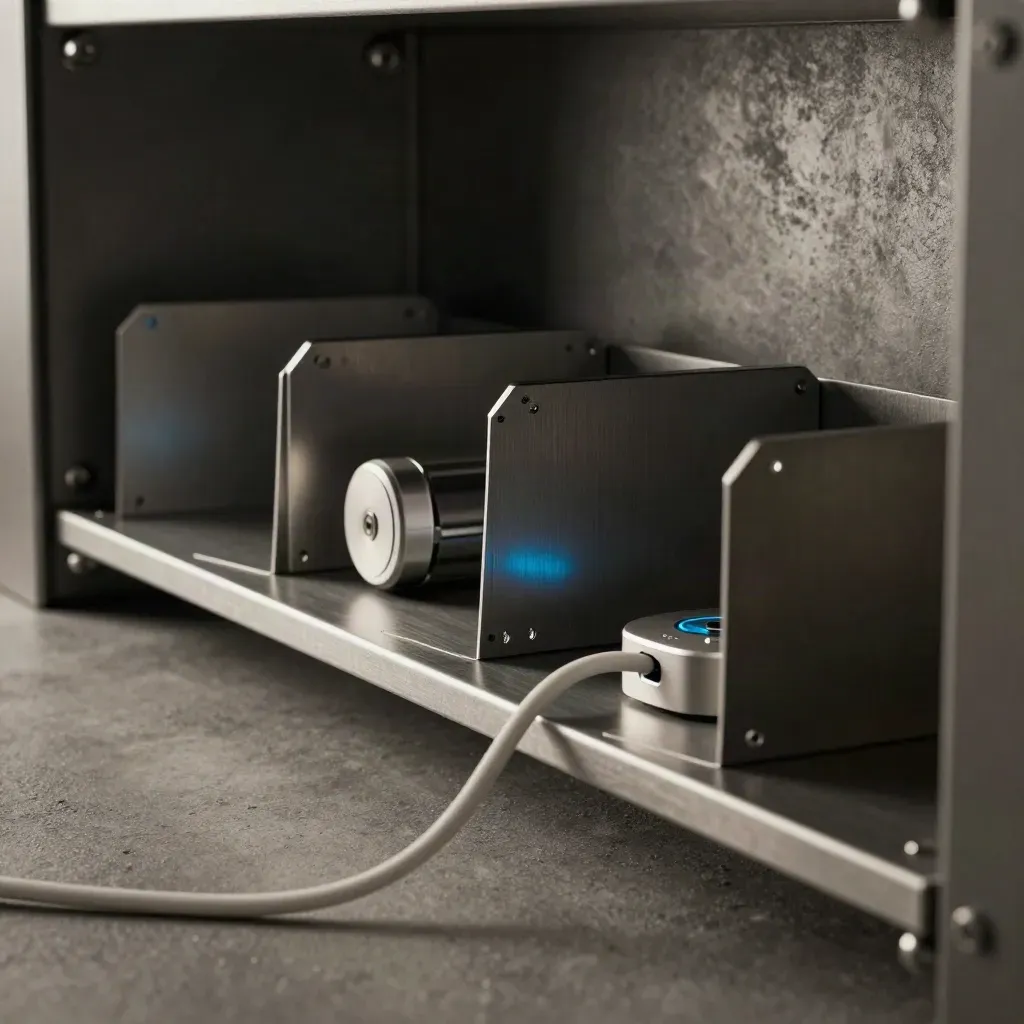 Metal shelf of modular mod packs, white cable, and glowing hub in a moody workshop bay.