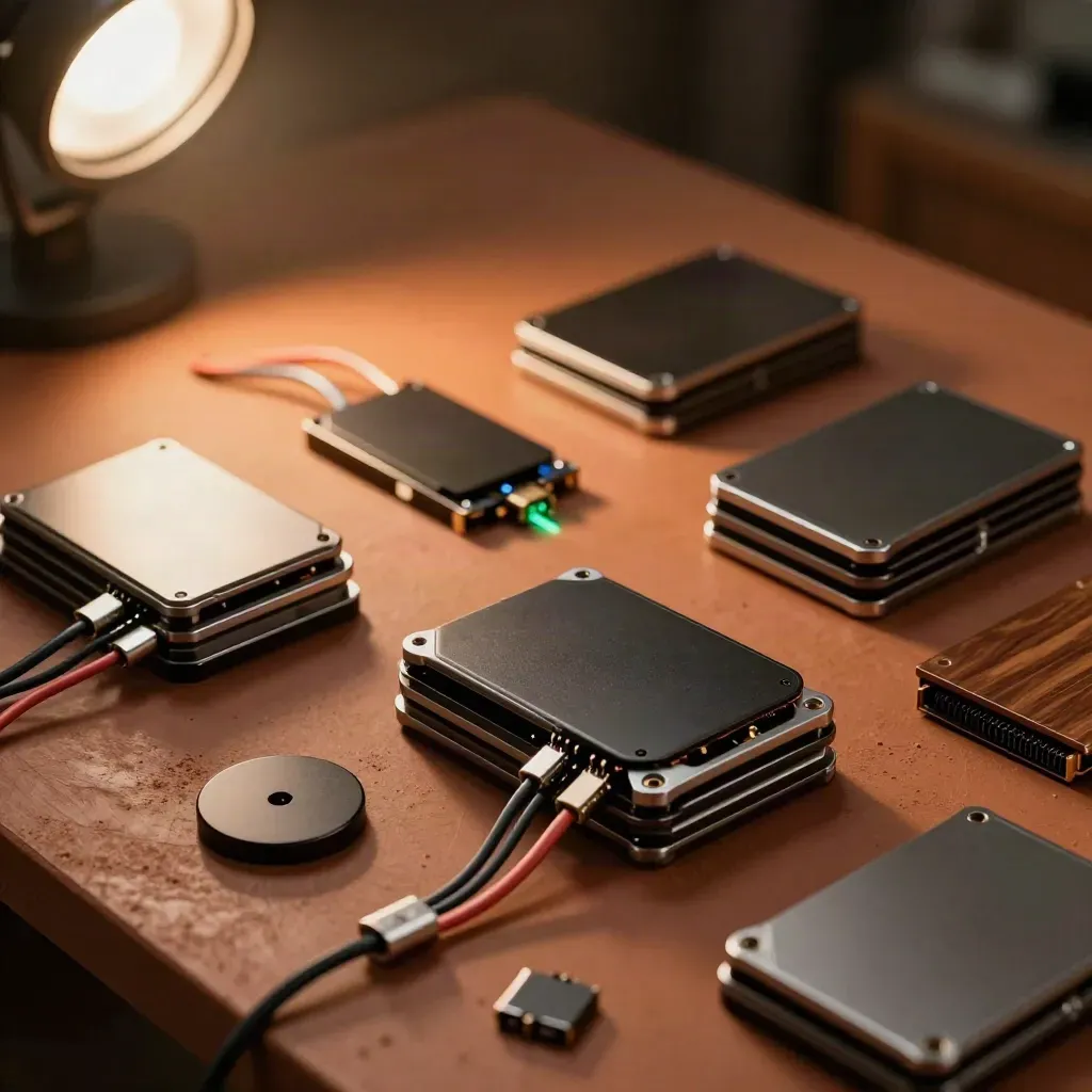 Macro of sorted game drives, cables, and a diagnostic puck on a terracotta repair table