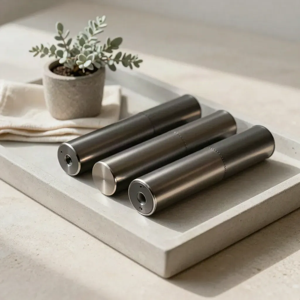 Three charcoal drive sleeves on a concrete tray with cloth and plant under morning light.