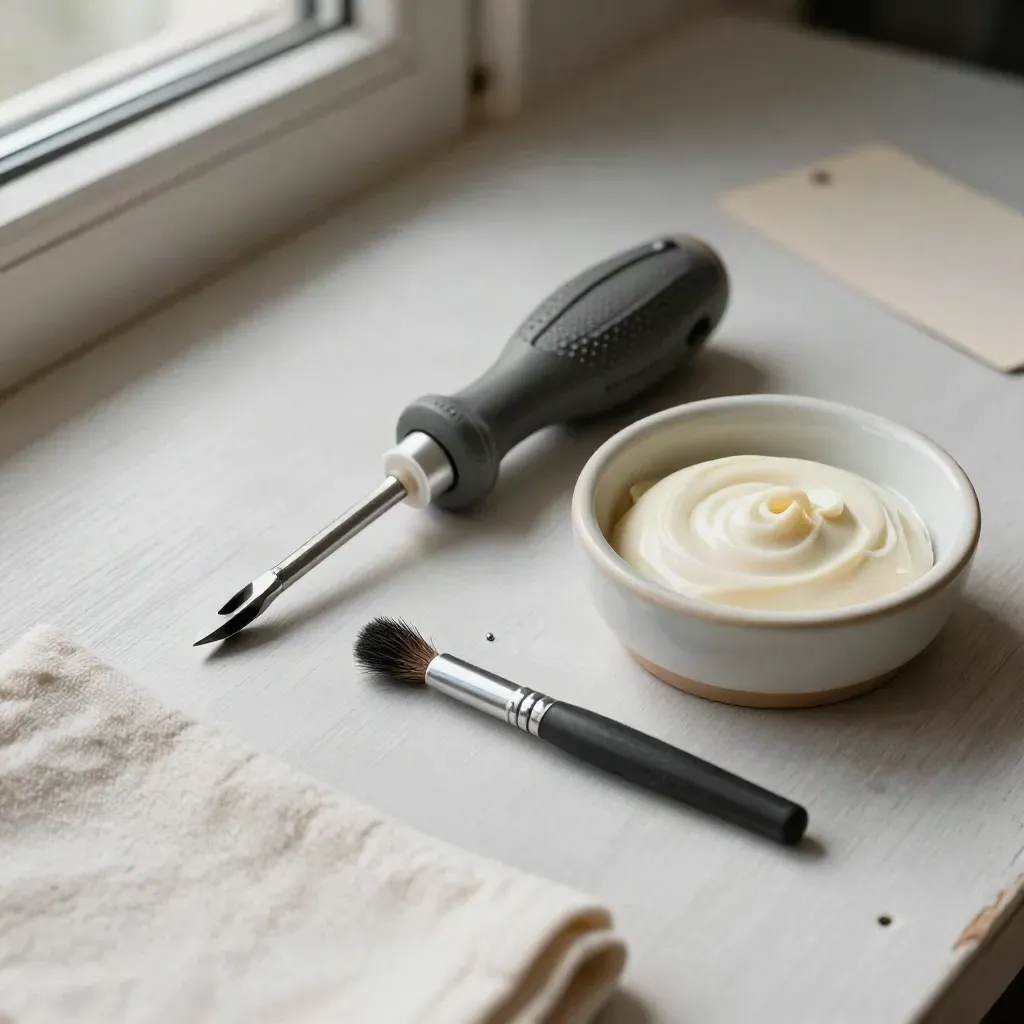 Top-down repair still life: screwdriver, thermal paste tube, brush, and ceramic bowl on pale wood.