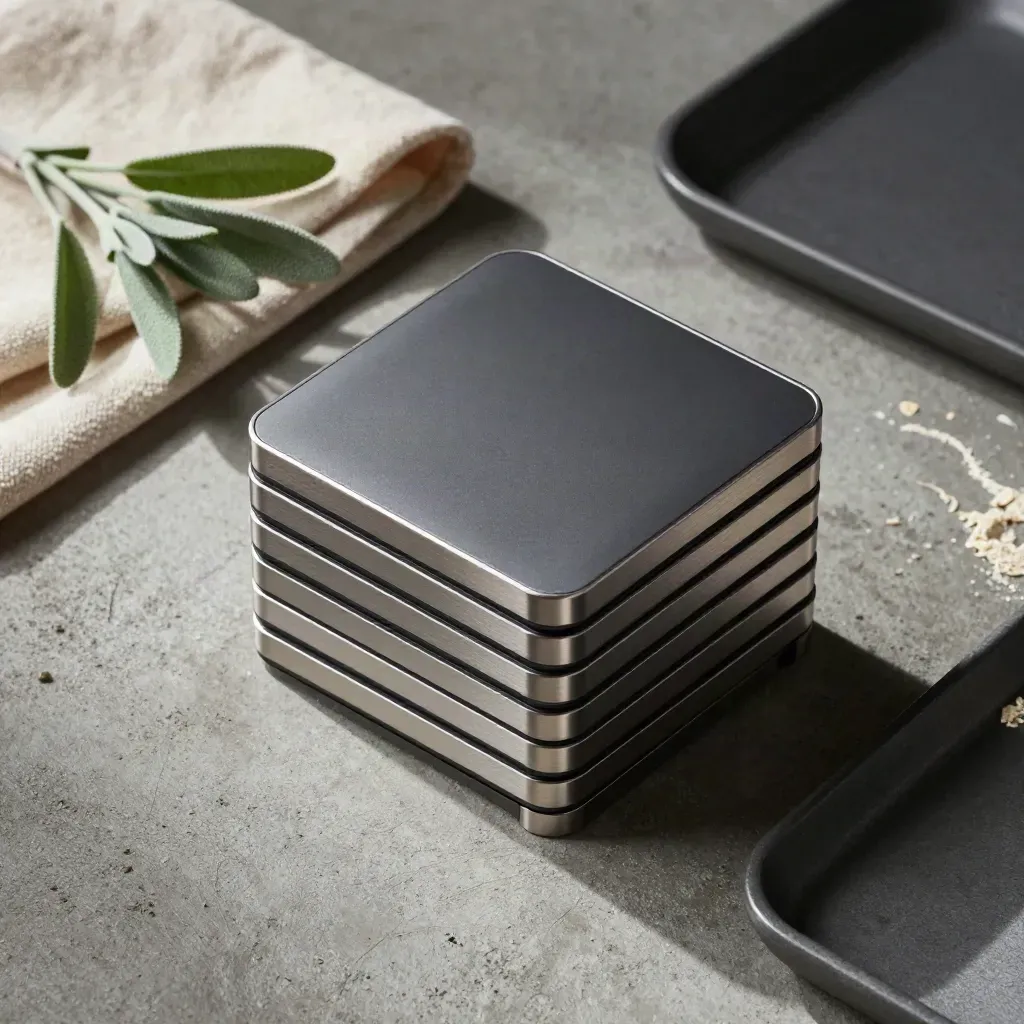 Top-down still life of external drives, linen, plant and tray on cool concrete.