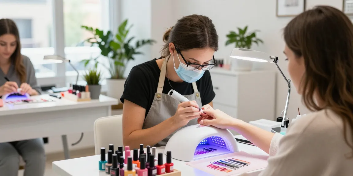 Tehnician de unghii profesionist utilizând lampa UV LED unghii într-un salon de înfrumusețare modern.