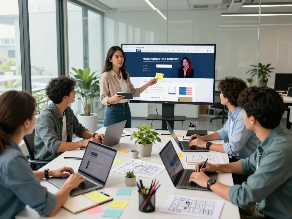 Creative collaboration among a diverse freelance team of website designers in Malaysia brainstorming innovative ideas and showcasing concepts on a screen.