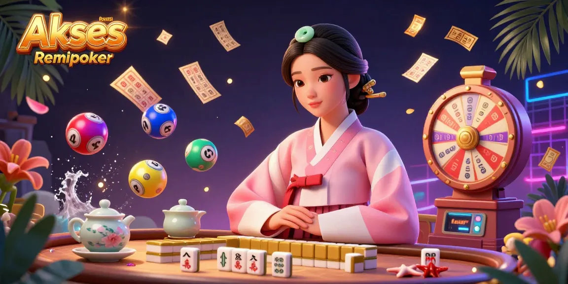 Akses Resmi Poker Online Remipoker visually appeals with a stunning 3D scene depicting an elegant Asian woman amidst vibrant gaming elements.