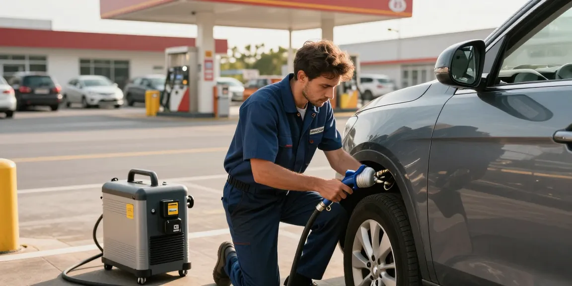 Technician draining Adblue in diesel car, showcasing expert service at fuel station