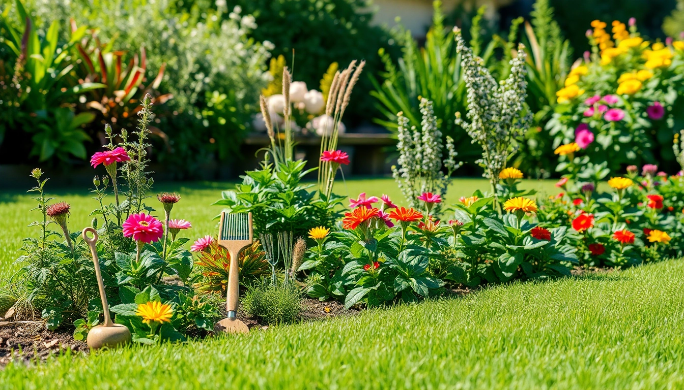 Showcasing an organic pest control option with lush plants and eco-friendly tools in a garden setting.