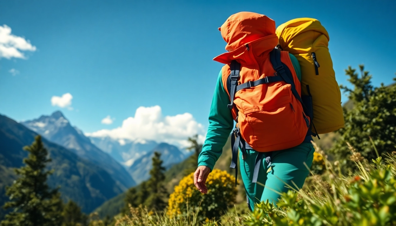 Hiker using Cotopaxi gear on a vibrant mountain trail against a blue sky.