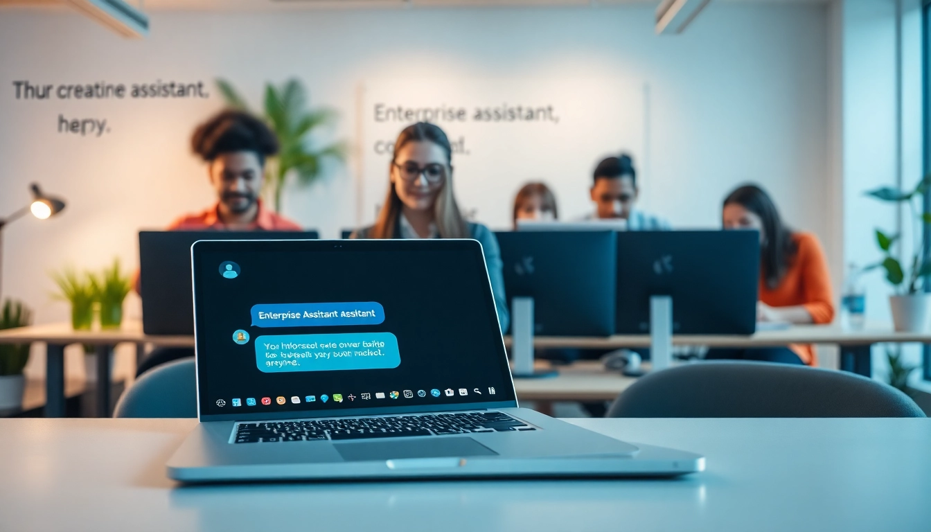 Engaged team using an enterprise assistant in a modern workspace with calming colors.