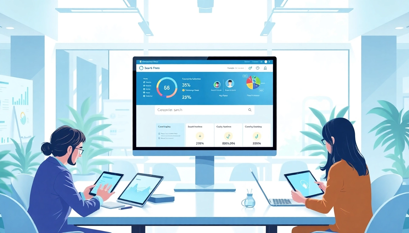 Engaging professionals using enterprise search platforms in a modern office setting.