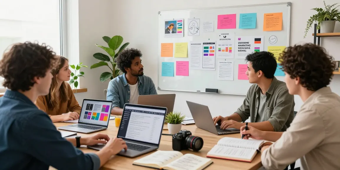 Dynamic workspace of an instagram marketing agency malaysia team collaborating on influencer strategies with creative materials.