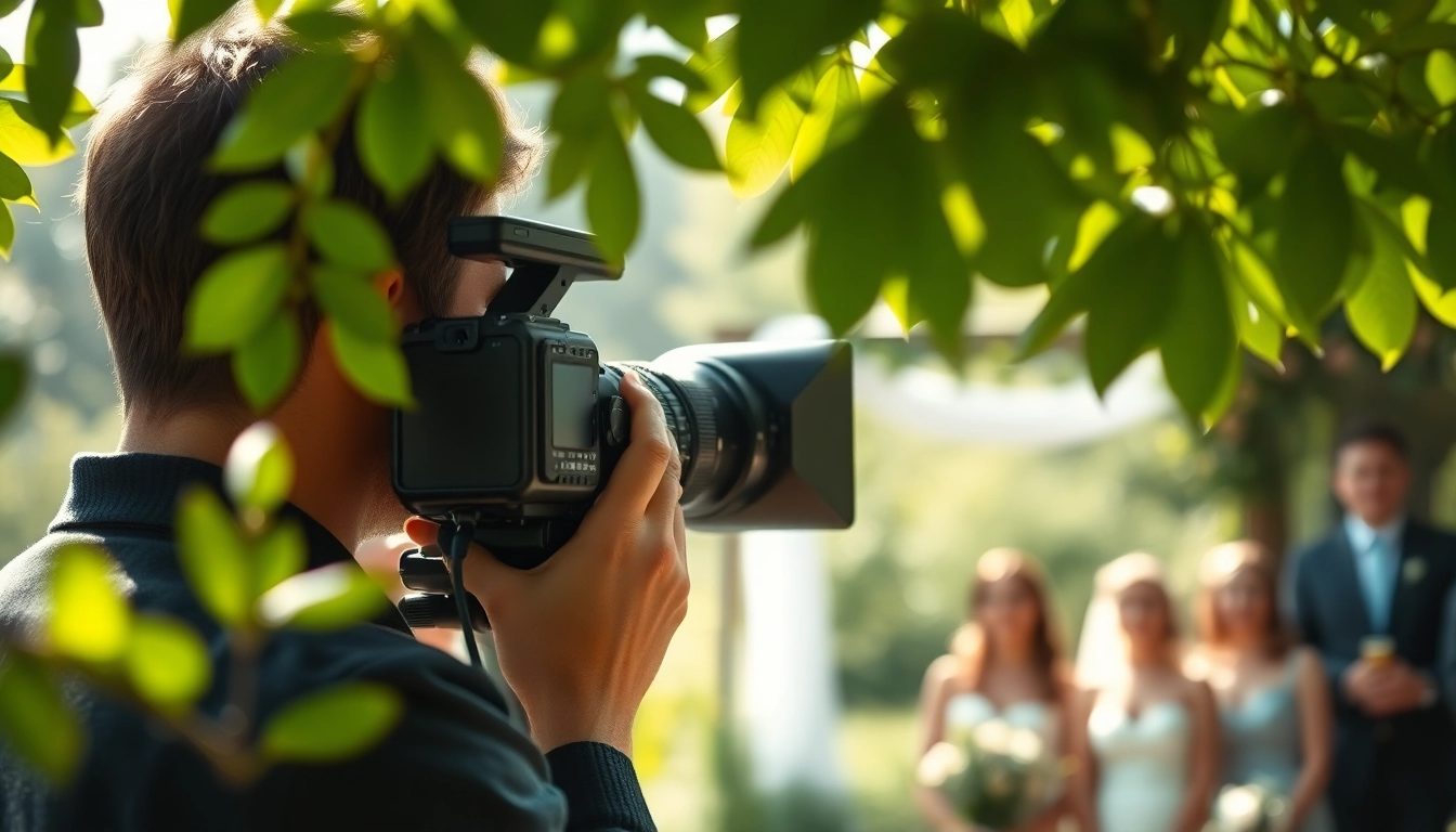 Capture the essence of On-site videography during an outdoor wedding with a professional videographer in action.