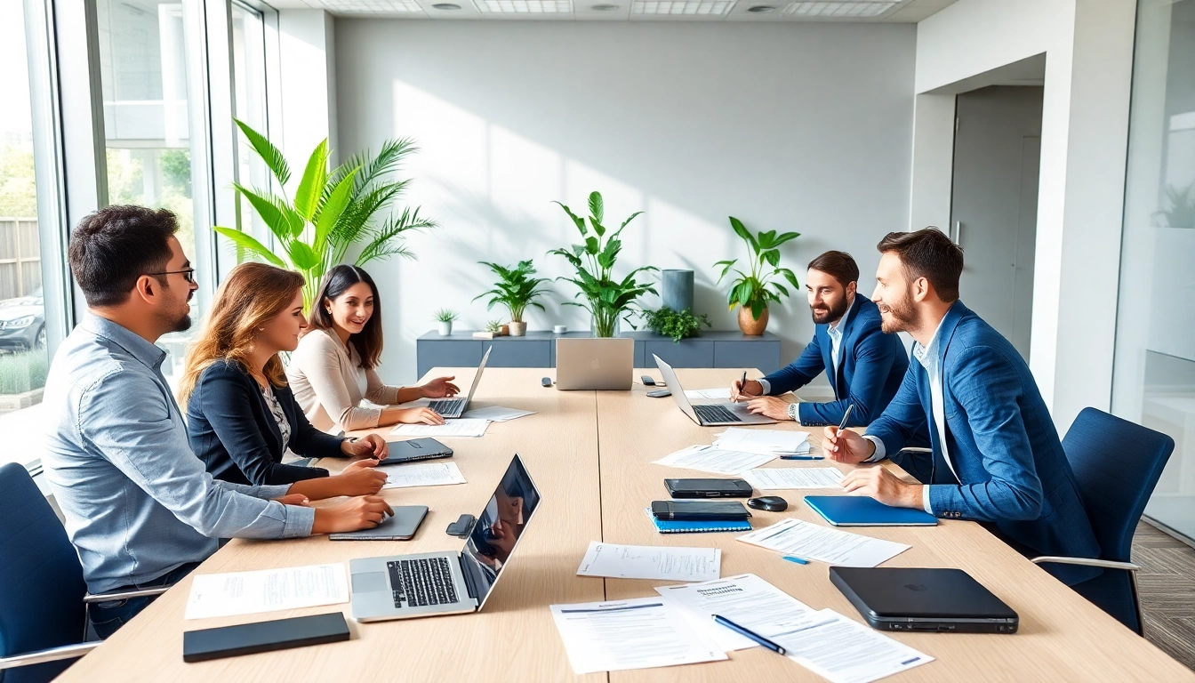 Professionals discussing contracts and grants at a conference table in a modern office.