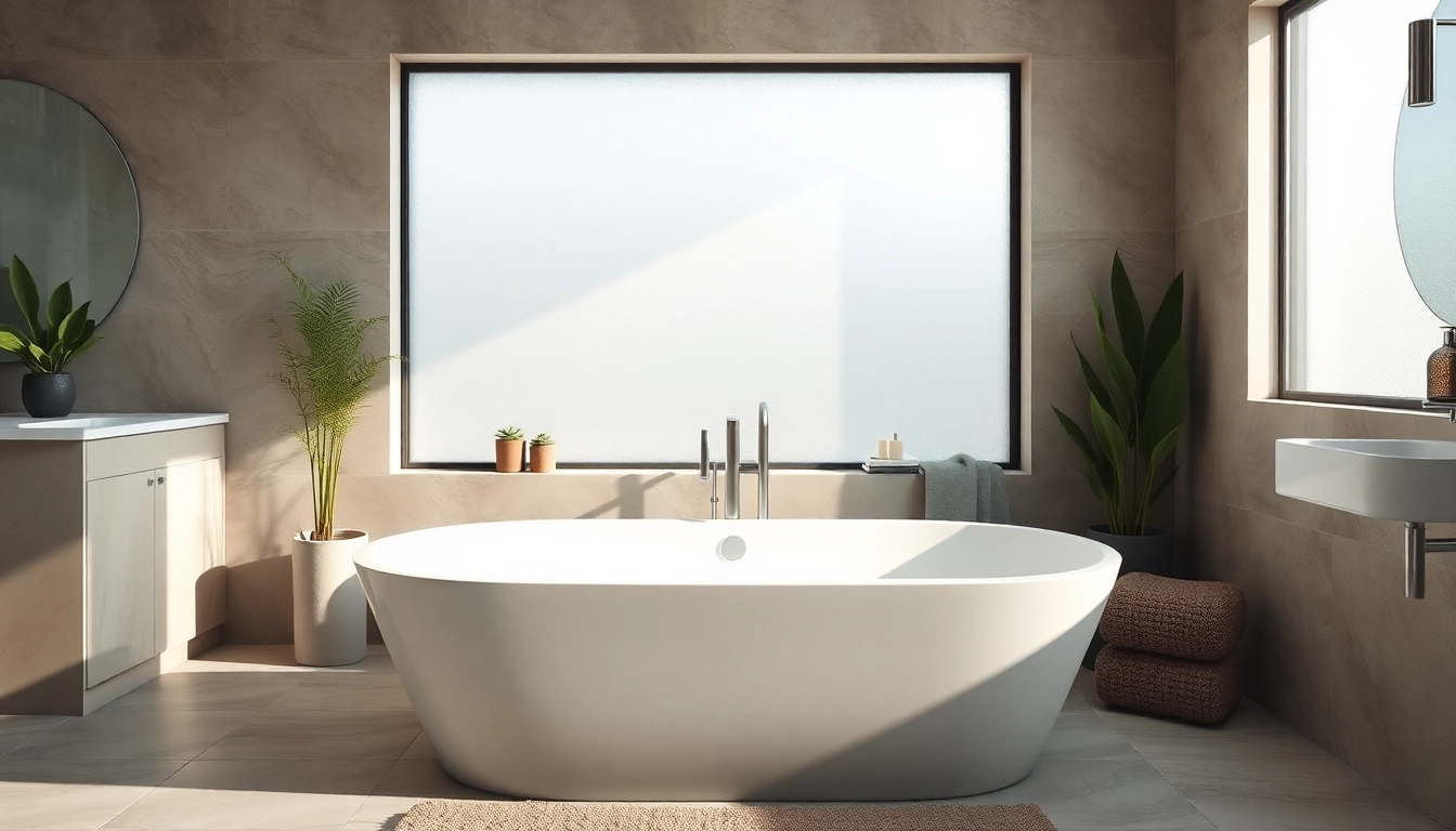 Vasca da bagno moderna in un raffinato ambiente bagno ben illuminato.
