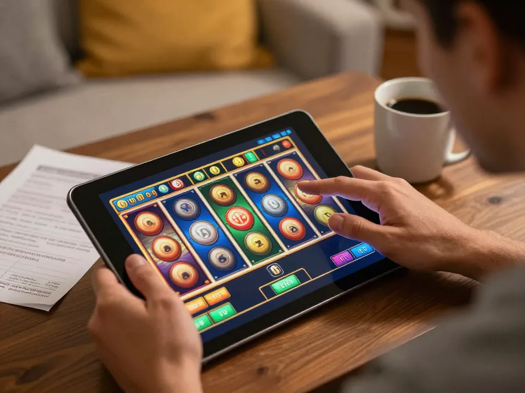 Engaging in slot games on a tablet with strategic notes, highlighting cm88-t1 gaming excitement.