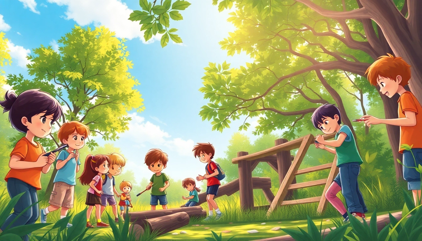 Children participating in activities at a homeschool summer camp, engaging creatively in nature.