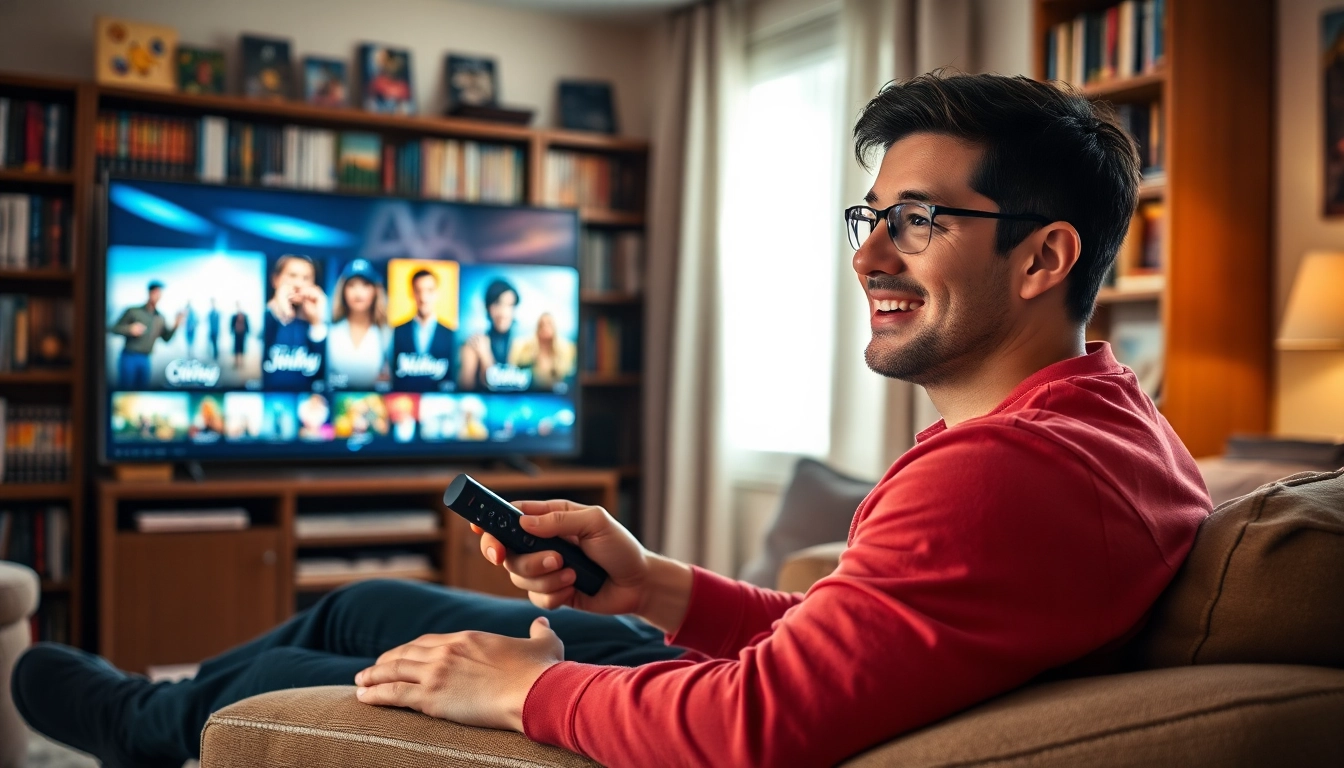 Watch full episodes online with an engaged viewer relaxing on a cozy sofa.