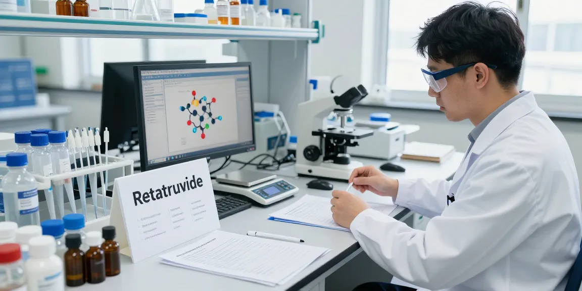 Retatrutide research supplier's lab scene showcasing a scientist analyzing samples and data in a professional setting.