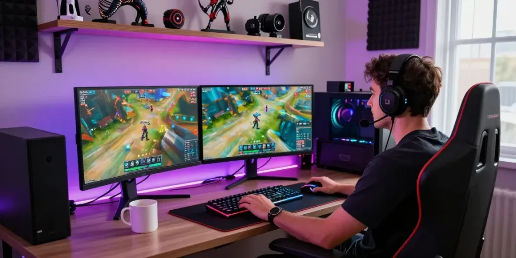 Engaging DJARUMBOS LOGIN scene featuring a gamer at a vibrant online gaming setup.