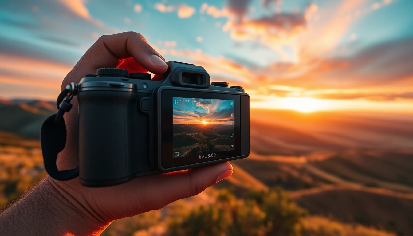Capture stunning landscapes with the Insta360 X5 camera showcasing its sleek design and vibrant surroundings.