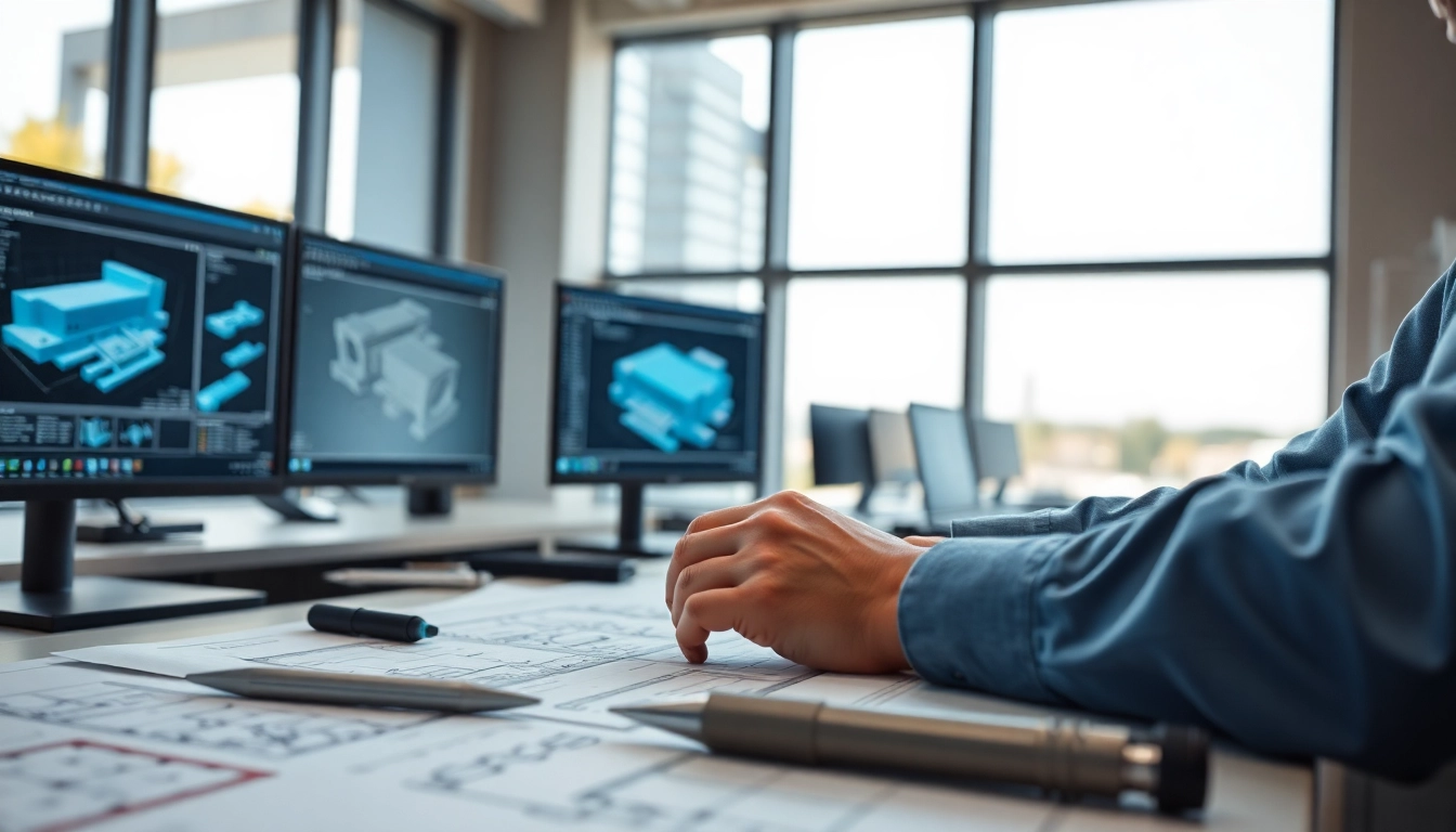 A design and engineering professional analyzing blueprints in a bright, modern workspace.