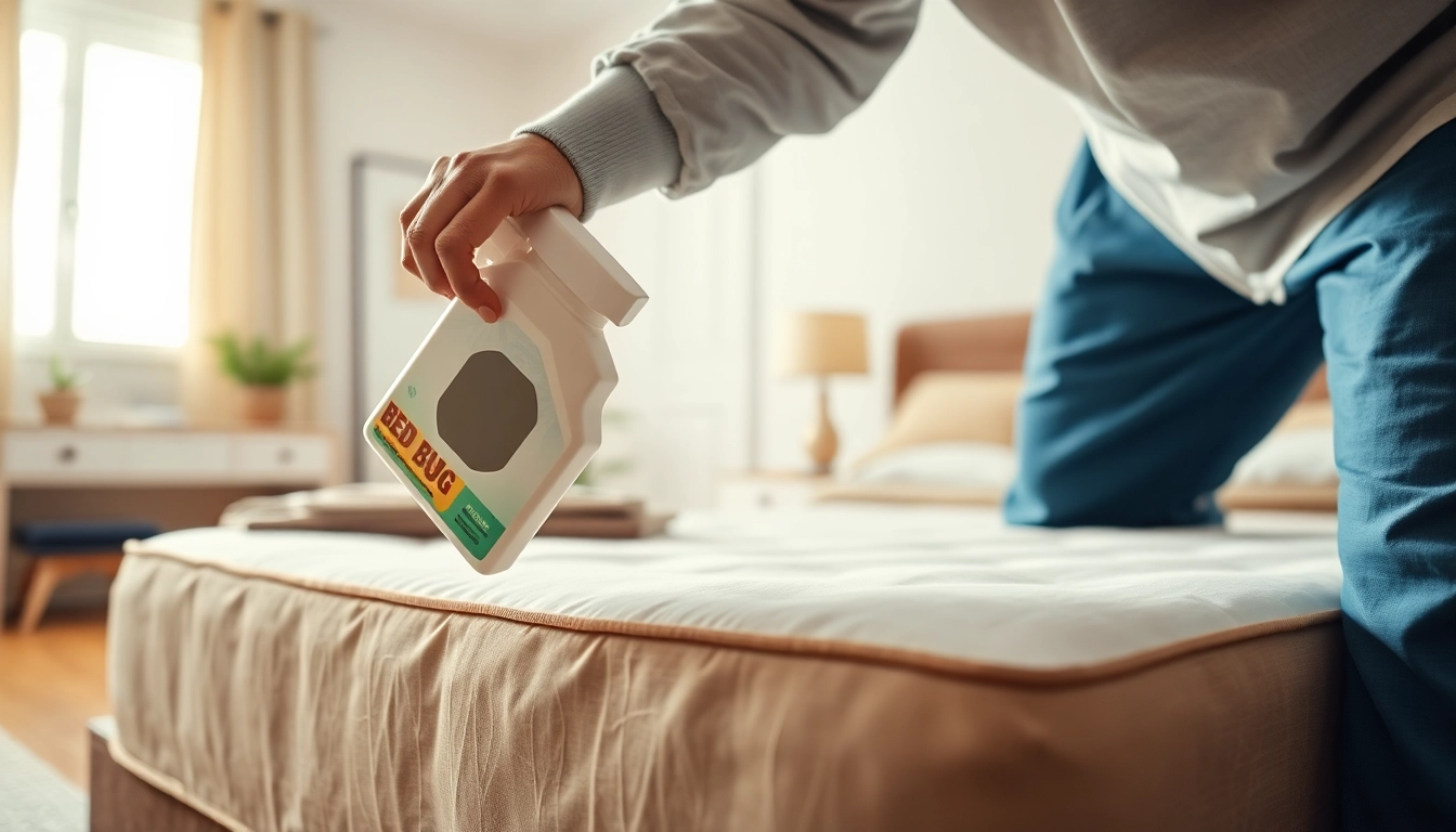 Professional bed bug treatment application in a clean bedroom environment.