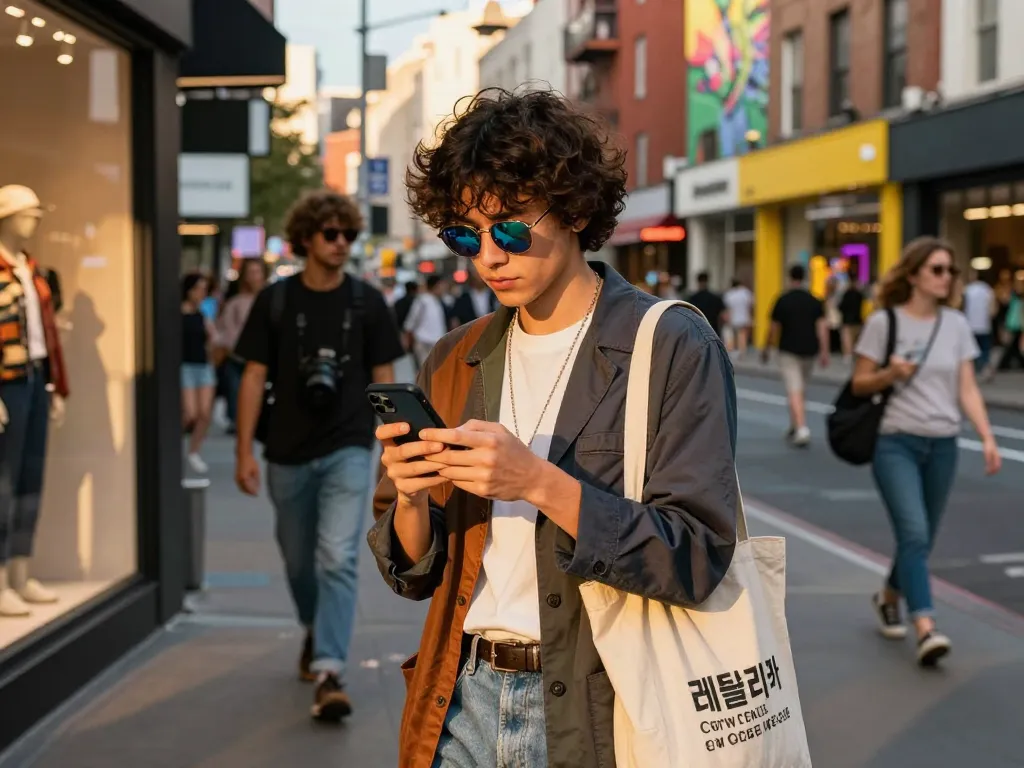 Engaging shopping experience at a 레플리카 쇼핑몰, showcasing a fashionable individual in an urban setting.