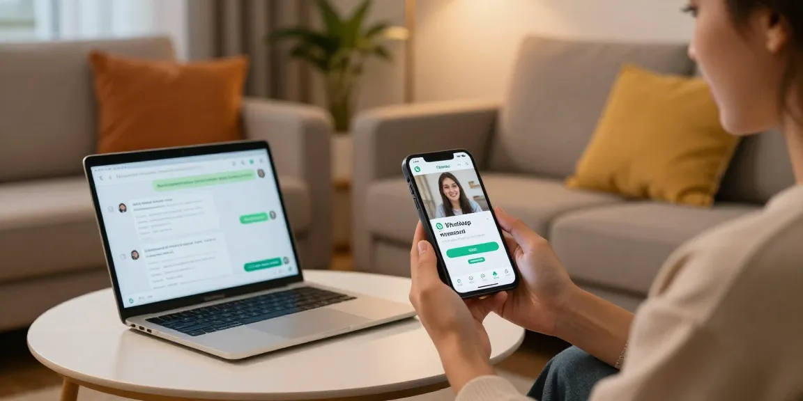 WhatsApp下載 interface on a smartphone, showcasing video call features in a cozy living room scene.