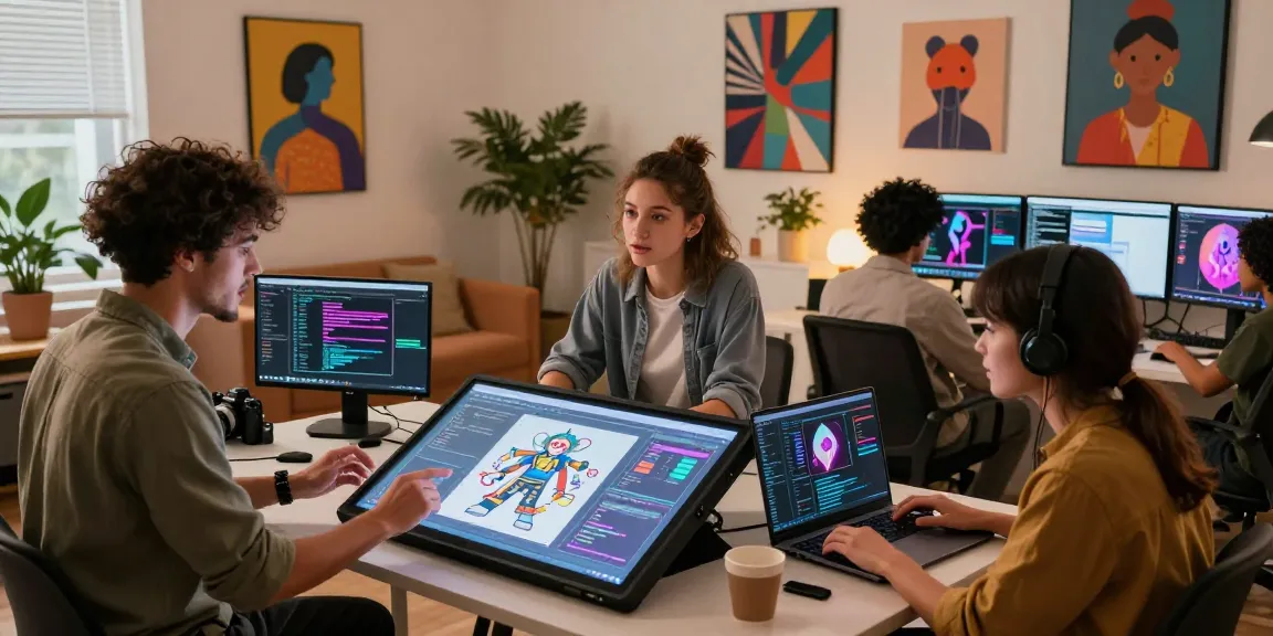Creative studio scene showcasing the intersection of art and AI porn content creation, with diverse artists collaborating.