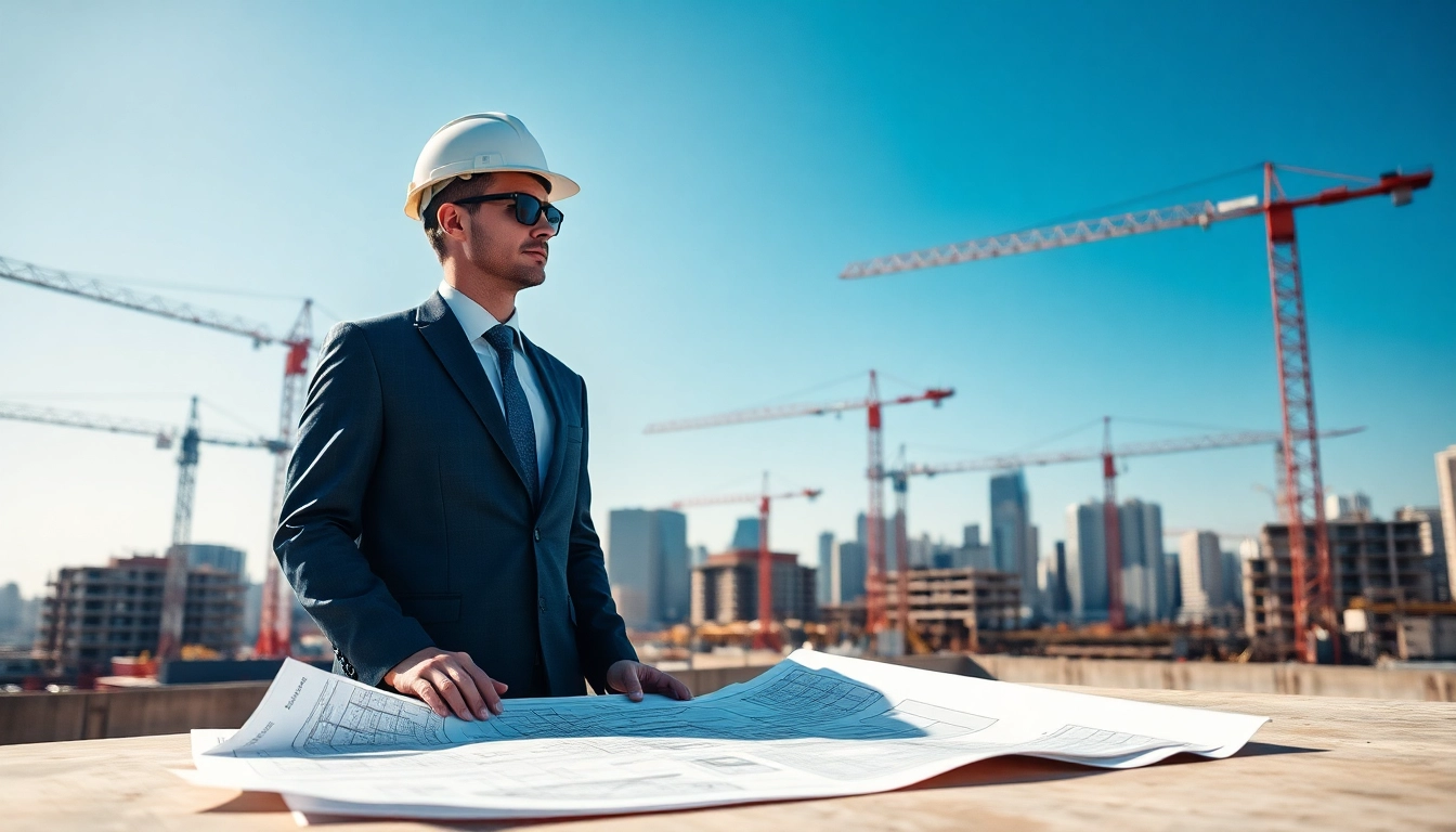 Manhattan construction manager inspecting a site with blueprints and cranes, highlighting leadership.