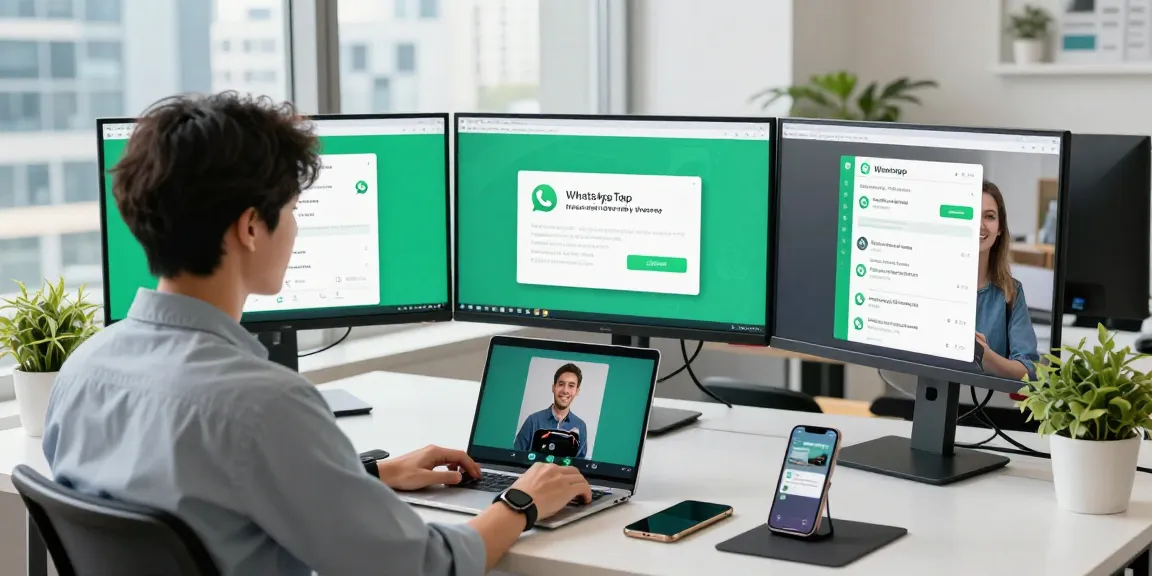 Dynamic workspace showcasing WhatsApp下載 features with screens and technology, enhancing communication.