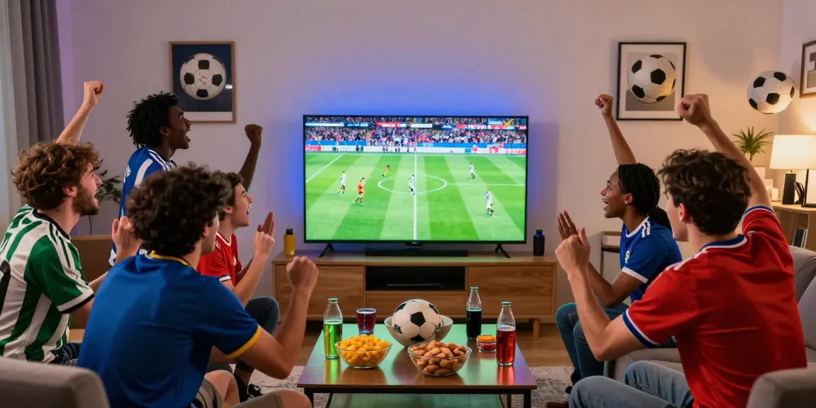Nonton bola seru di ruang tamu dengan teman-teman, suasana penuh keceriaan.