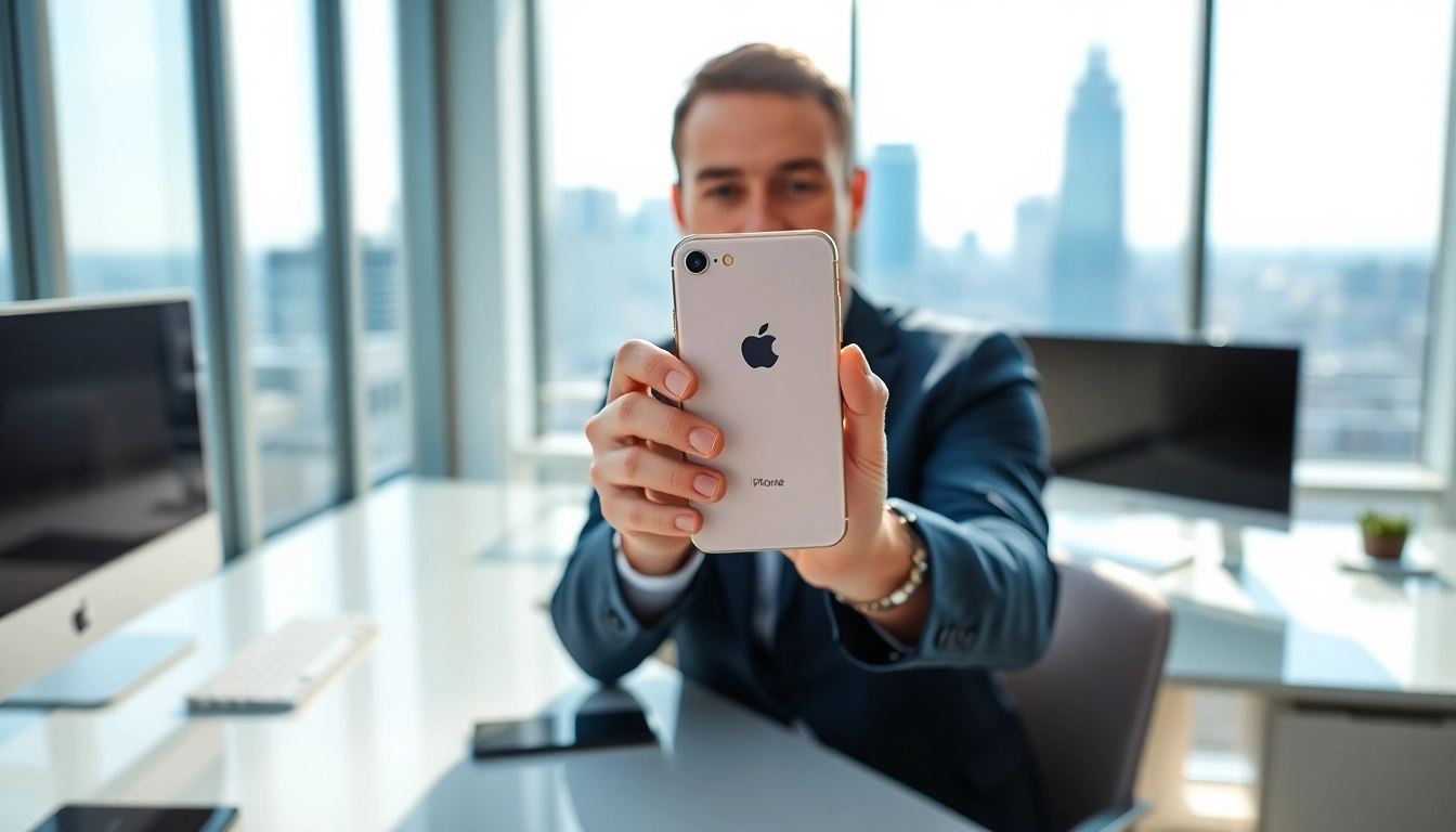 Sell iPhone for cash with a professional holding an iPhone in a bright office.