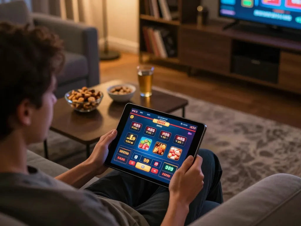 The user engages in online gaming at https://www.mnm88.com/, showcasing the casino interface on a tablet for a lively experience.