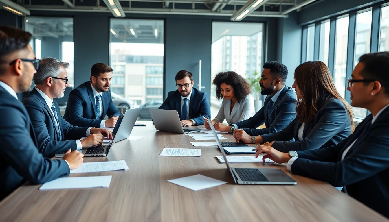 Engaging professionals discussing Federal and State contracts in a bright conference room.