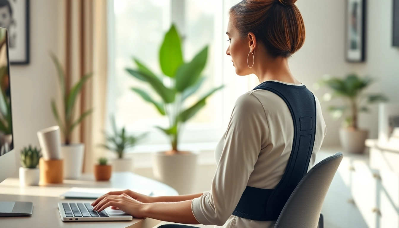Model demonstrating the benefits of a posture brace for improved sitting posture.