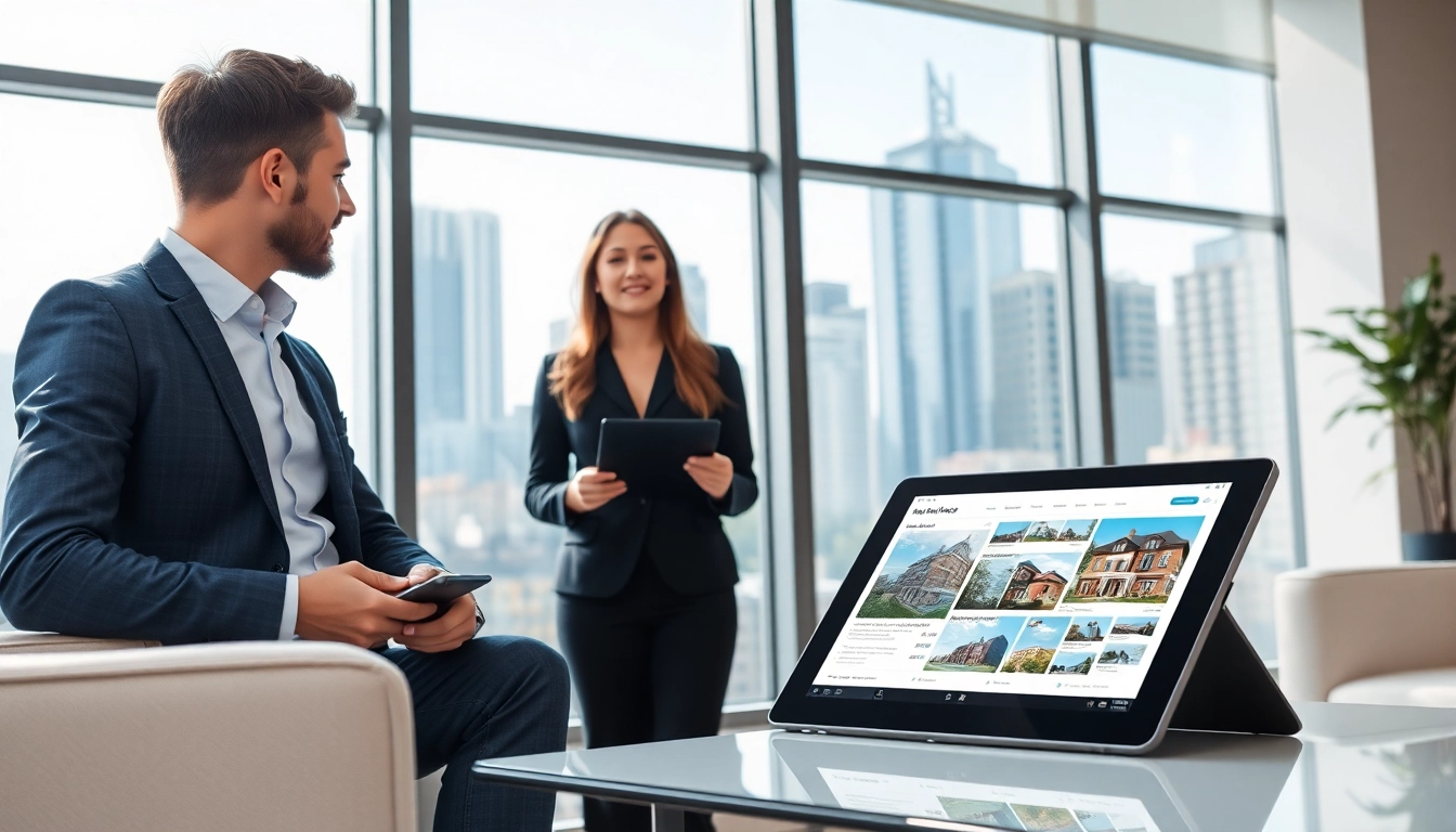 Engaging real estate agent presenting properties to clients in a vibrant office setting.
