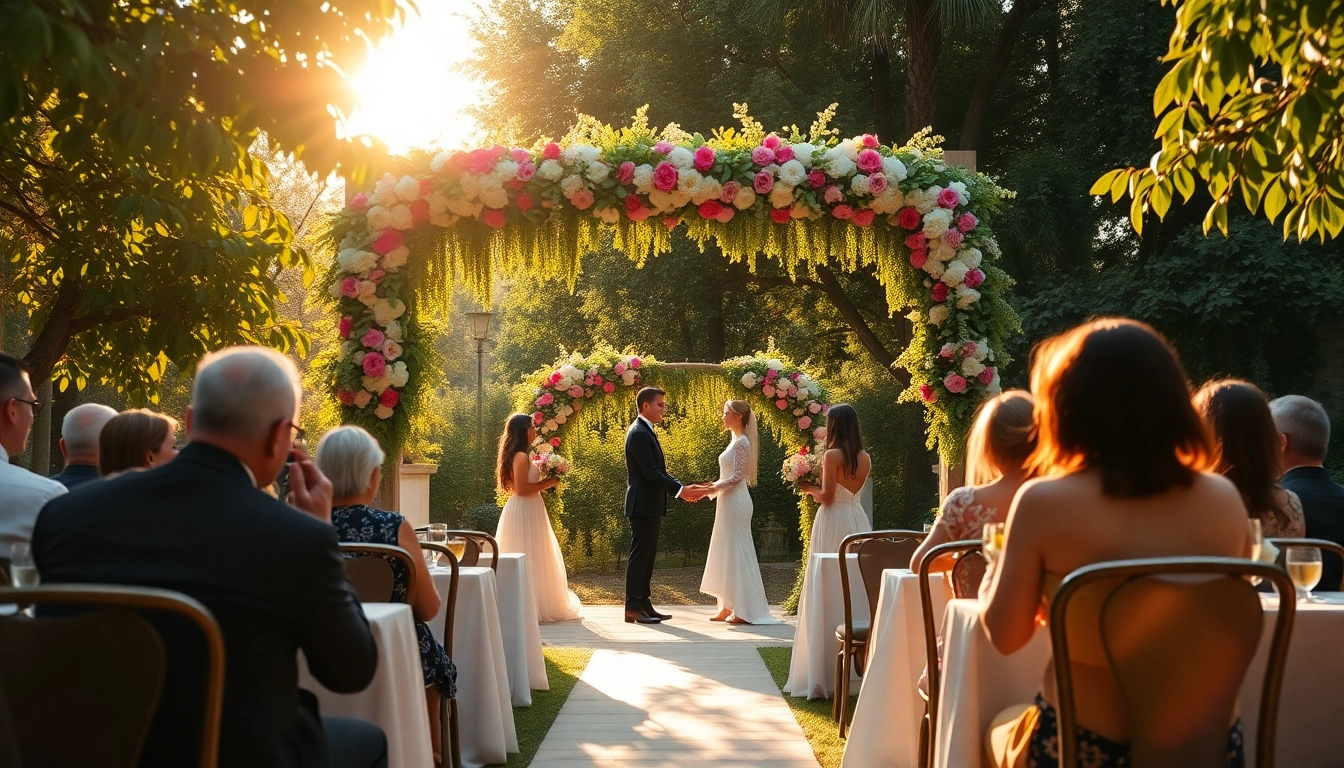 Couple celebrating at a Jacksonville Wedding Venue with elegant floral decorations and vibrant atmosphere.