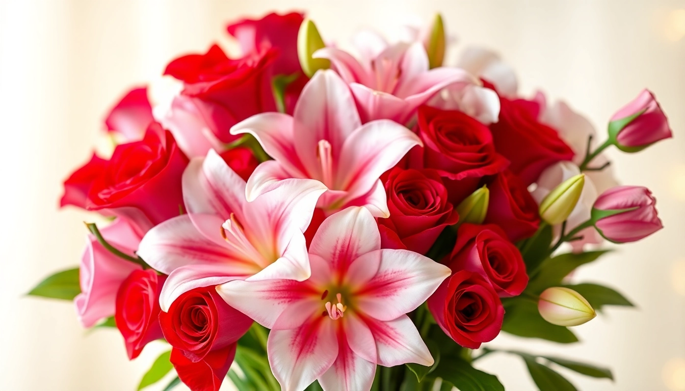 Beautiful valentines flowers bouquet featuring red roses and pink lilies arranged elegantly.