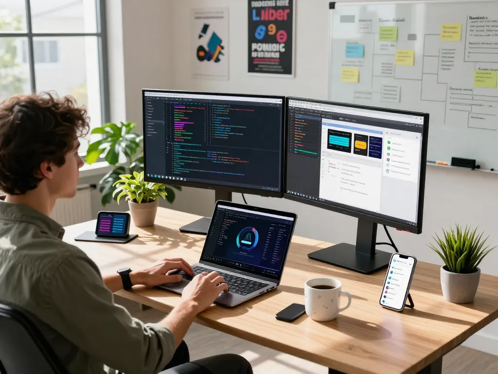 Developer analyzing AI video prompts in a modern office using video to prompt ai technology.