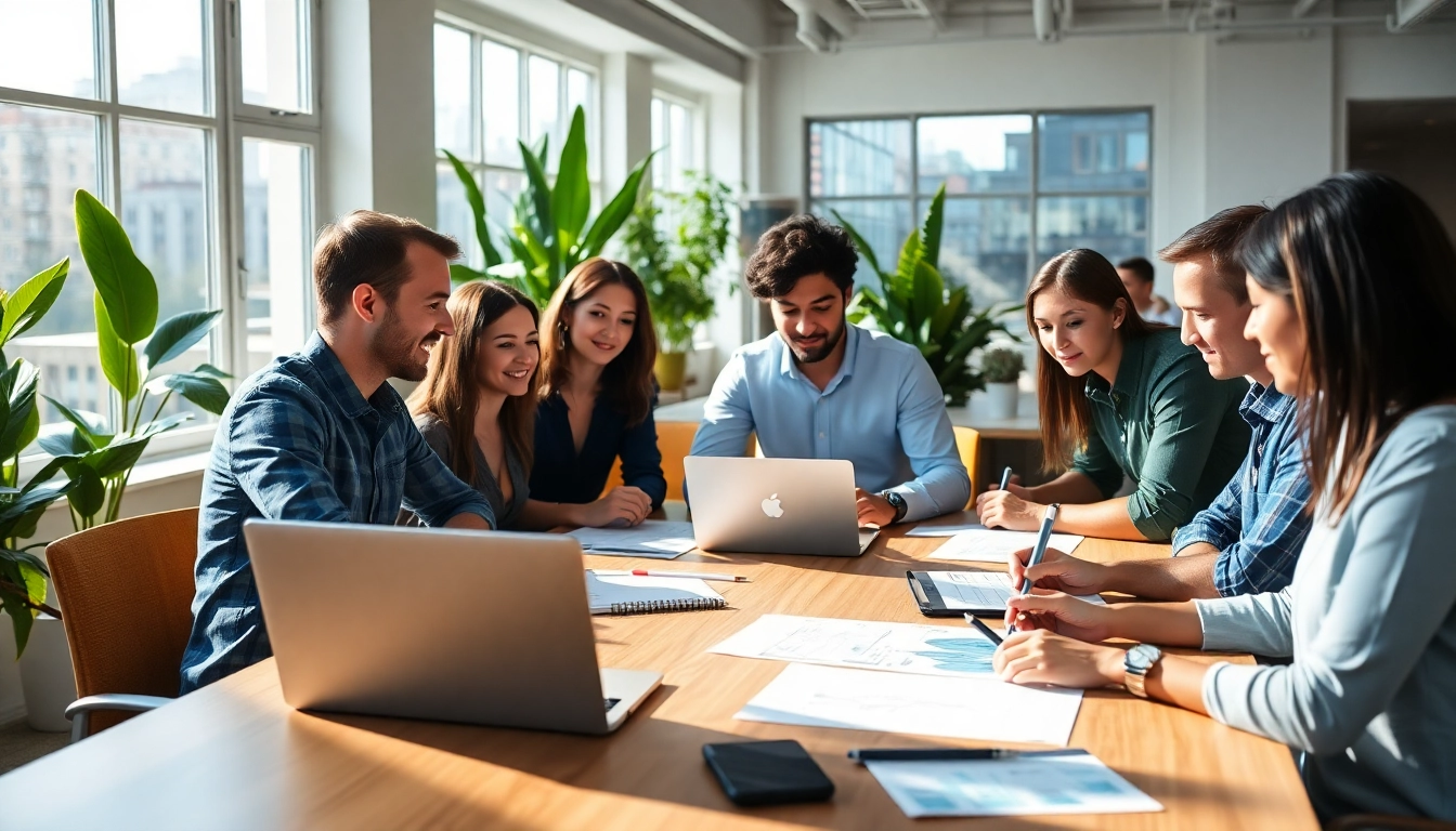 Webdesign Agentur team collaborates in a bright, modern office space with design elements.