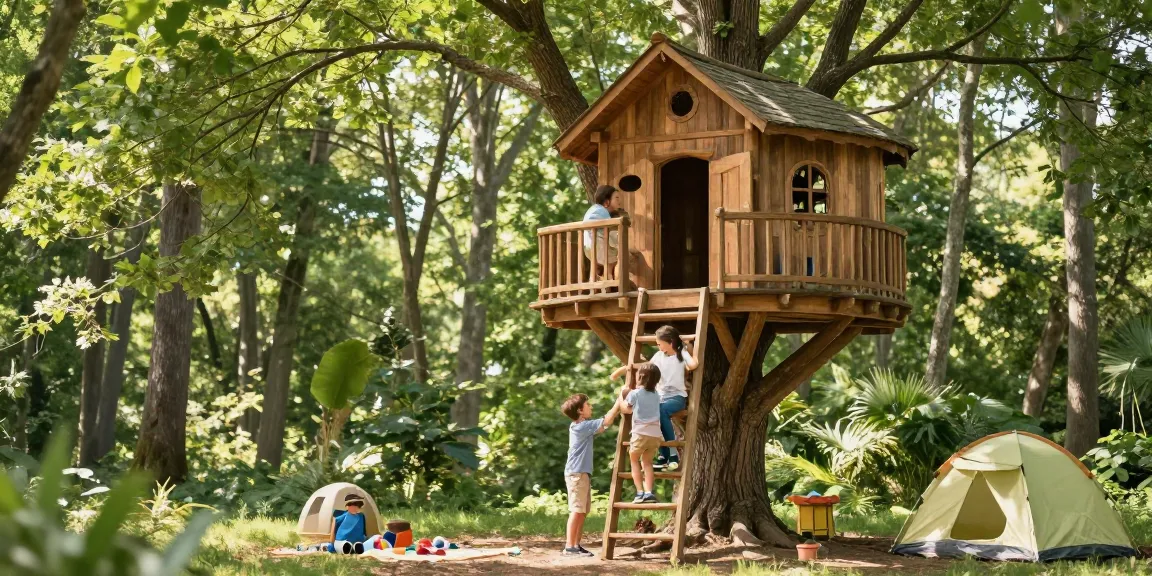 Family enjoying treehouses adventure in a serene forest setting with lush greenery.
