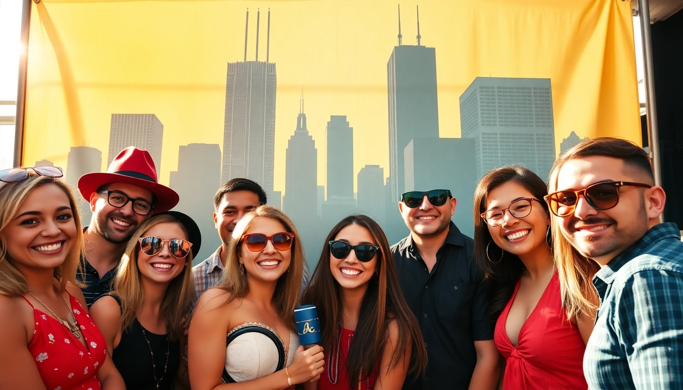 Guests enjoying a lively photo booth Chicago experience with fun props and vibrant backdrops.