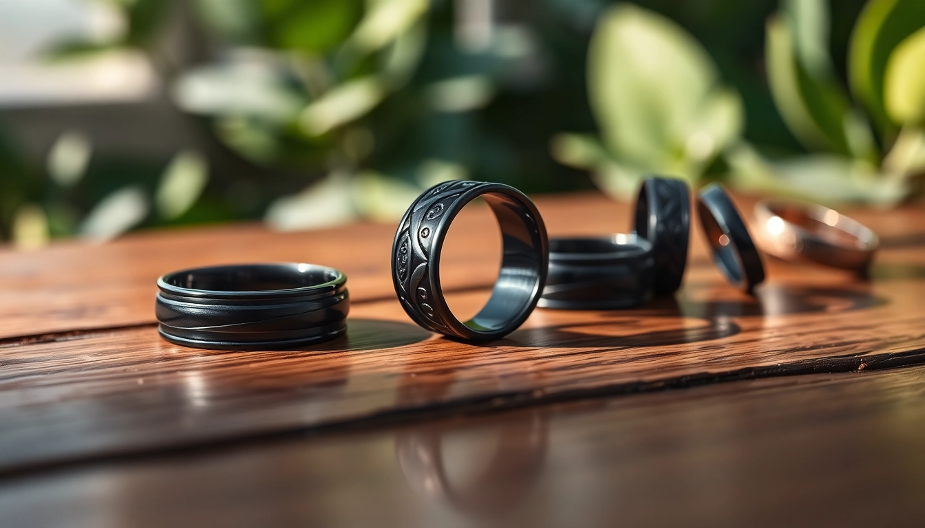 Showcase of various Black Zirconium Rings highlighting their unique designs and textures.