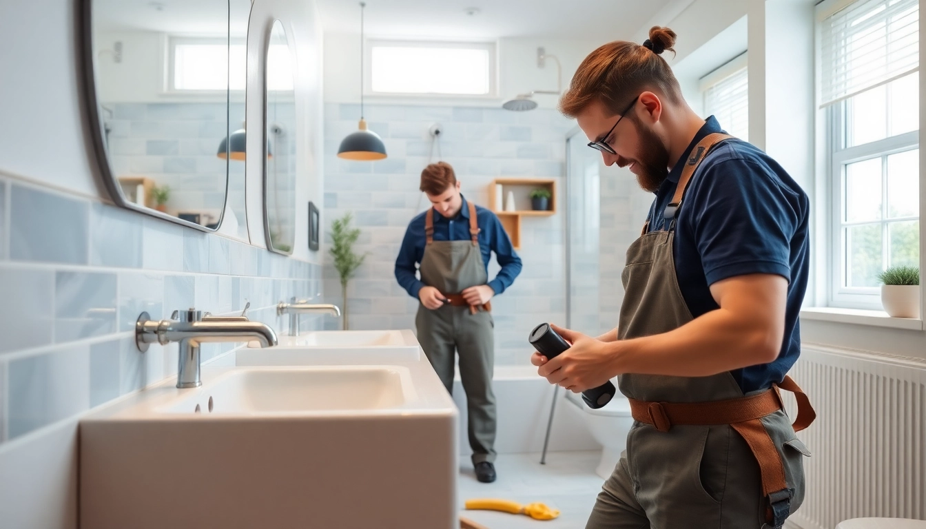 Skilled bathroom fitters Manchester installing elegant fixtures in a modern space.